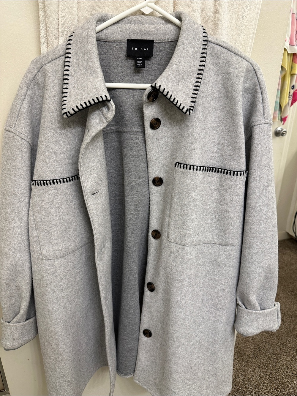Tribal Gray Wool Button-Up Shacket with Black Stitching
